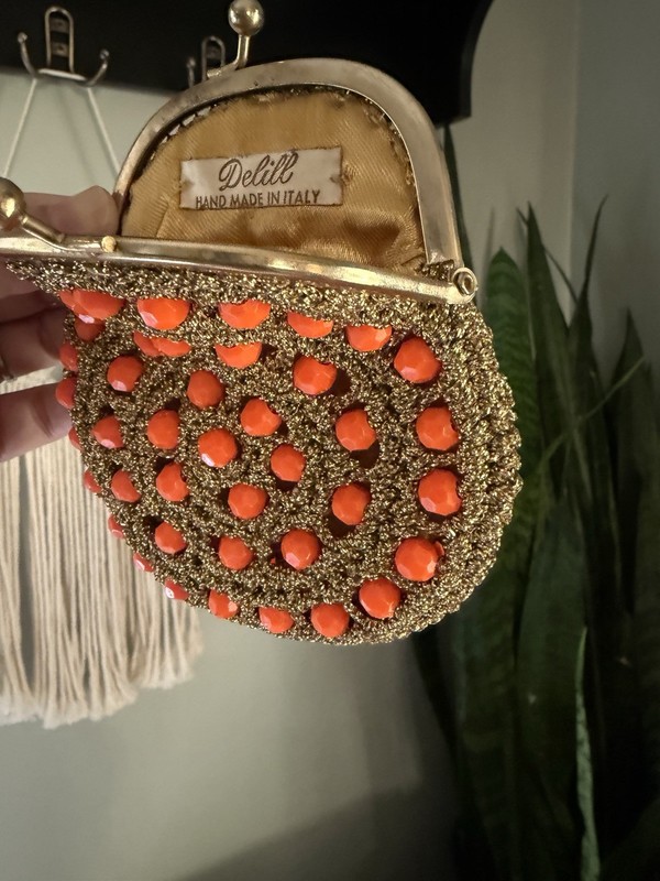 VTG 50s Delill Beaded Crochet Coin Purse Gold Orange MCM Boho Hollywood Regency gallery