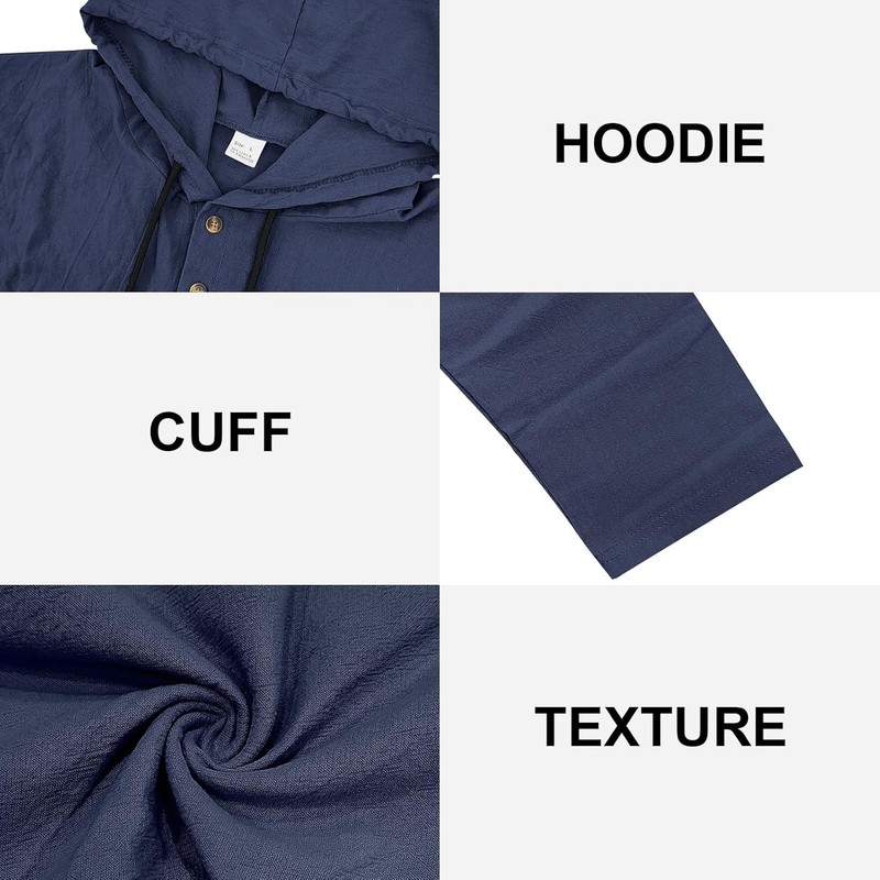 Men Cotton Linen Hoodie Shirt Long Sleeve Button Down Casual Hawaiian Beach Yoga gallery