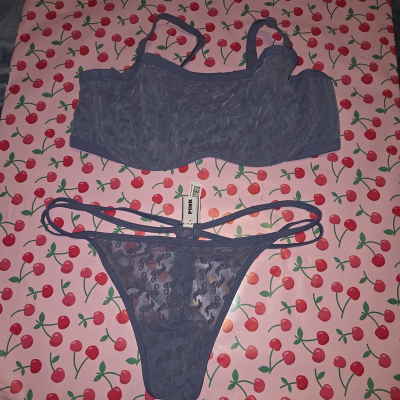 Victoria’s Secret PINK Blue Mesh Logo Bra & Thong Set Unlined XXL NWT