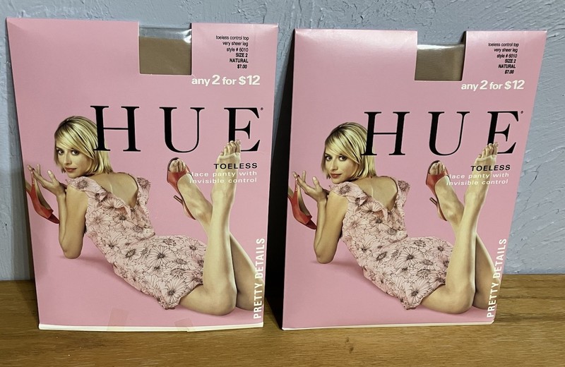 TWO Packages HUE Toeless Control Top Pantyhose Very Sheer Leg Natural Size 2 NEW