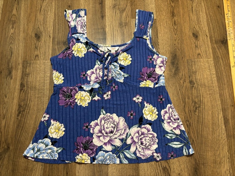 Candies Tank Top, Women’s Size Large, Blue Yellow Purple White, Floral, Ribbed