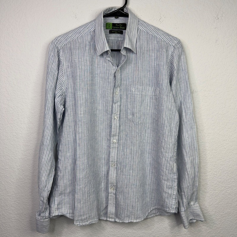 Ram Raj Linen Park Shirt Mens 40CM/M Blue White Striped Smart Fit Camp Coastal