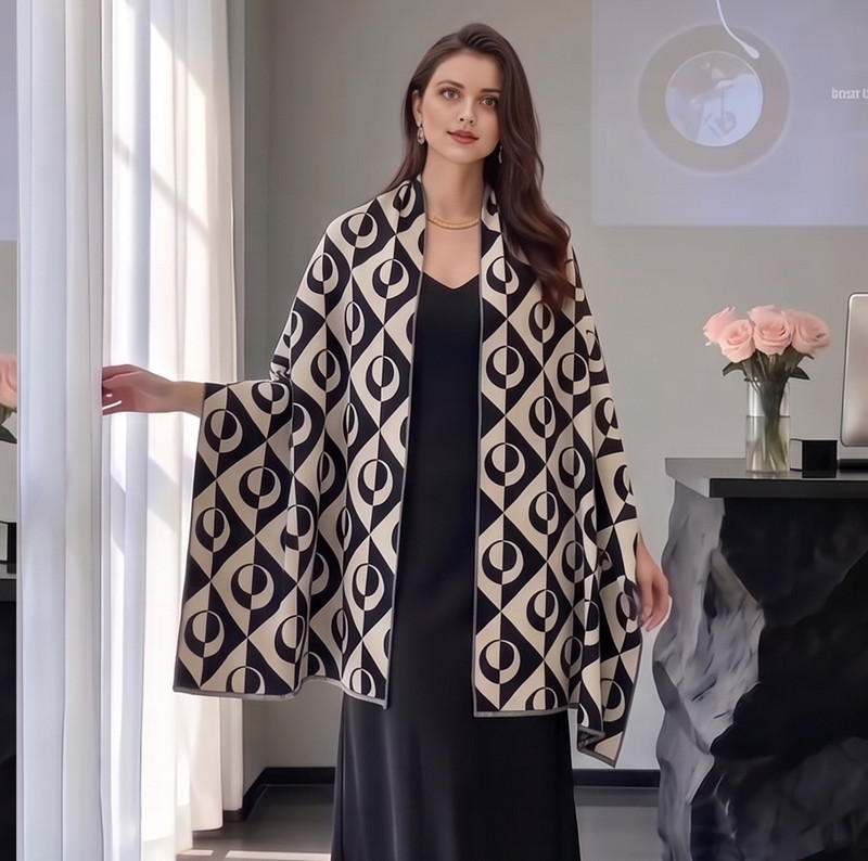 Scarf cashmere extra supple soft thin 185×65 black white women classic