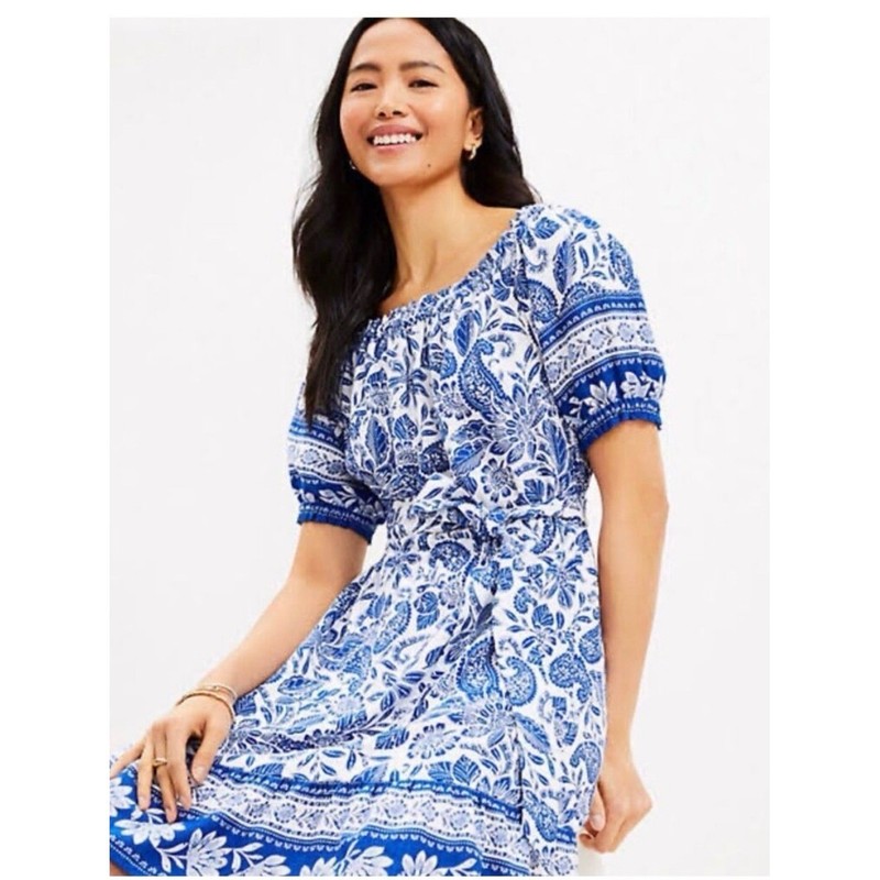 LOFT Mediterranean Blue White Print Dress Off Shoulder size M