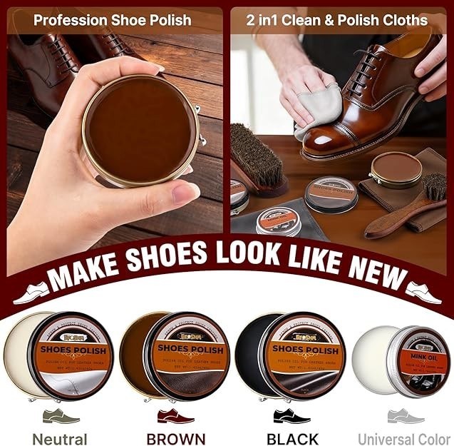 Shoe Shine Kit – 15-in-1 Leather Shoe Polish & Care Set with 4 Horsehair Brus gallery