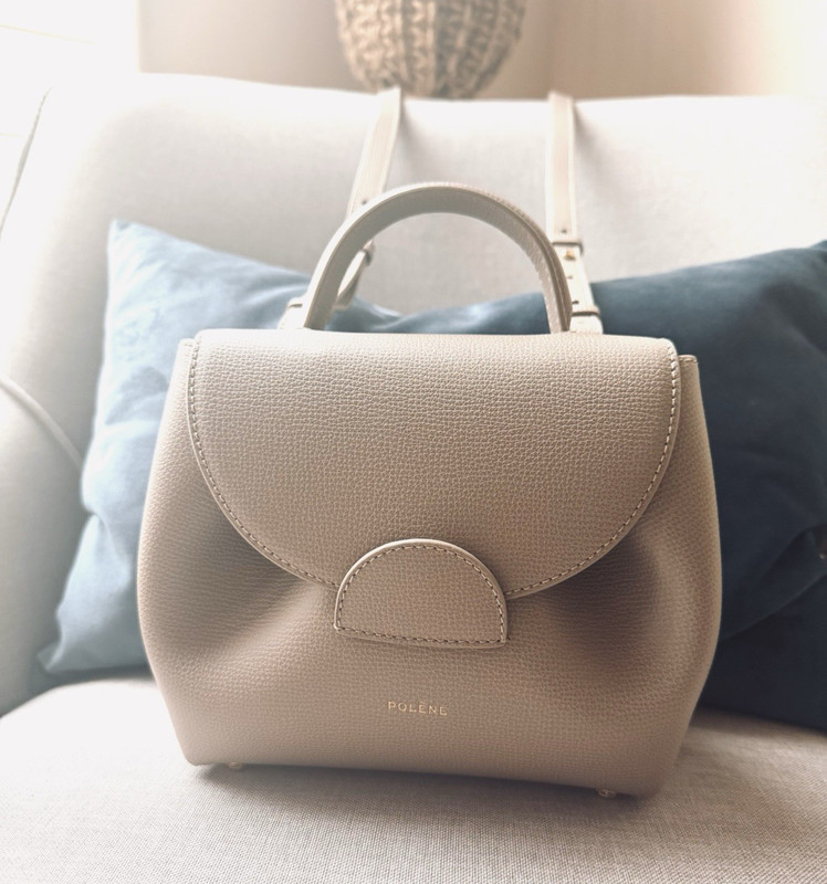 Polène Numéro Un Nano Taupe Textured Crossbody Top Handle, Box Dust Bag