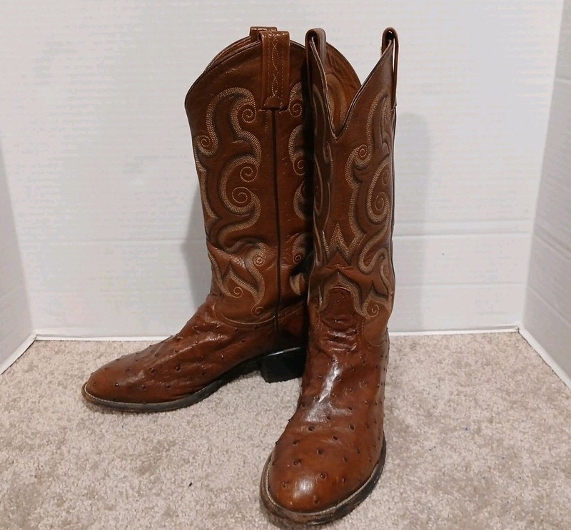 Tony Lama Brown Ostrich Cowboy Boots Full Quill Embroidered Round Toe – 7.5 D