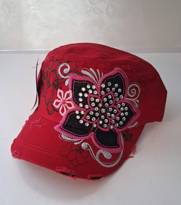 Leader LOGA Red Flower Cadet Cap Distressed Crystal Studded Women’s Adjustable