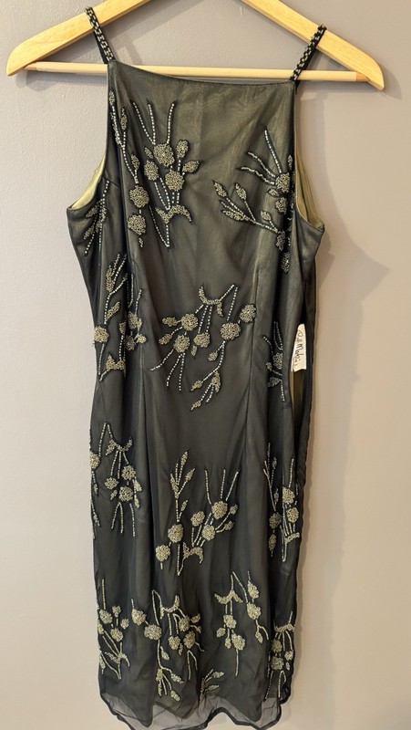 Vintage Bob Mackie Beaded Mesh Dress Olive Gold Floral Sheath Cocktail Y2K 4