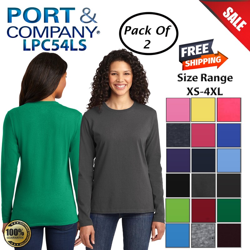 Pack Of 2 Port & Company LPC54LS Womens Long Sleeve Core Cotton Crew T-Shirt