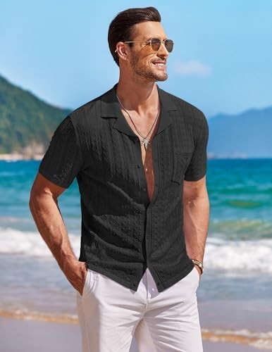 Coofandy Men's Knit Button Down Classic Solid Mens Shirt Short Sleeve Vintage gallery