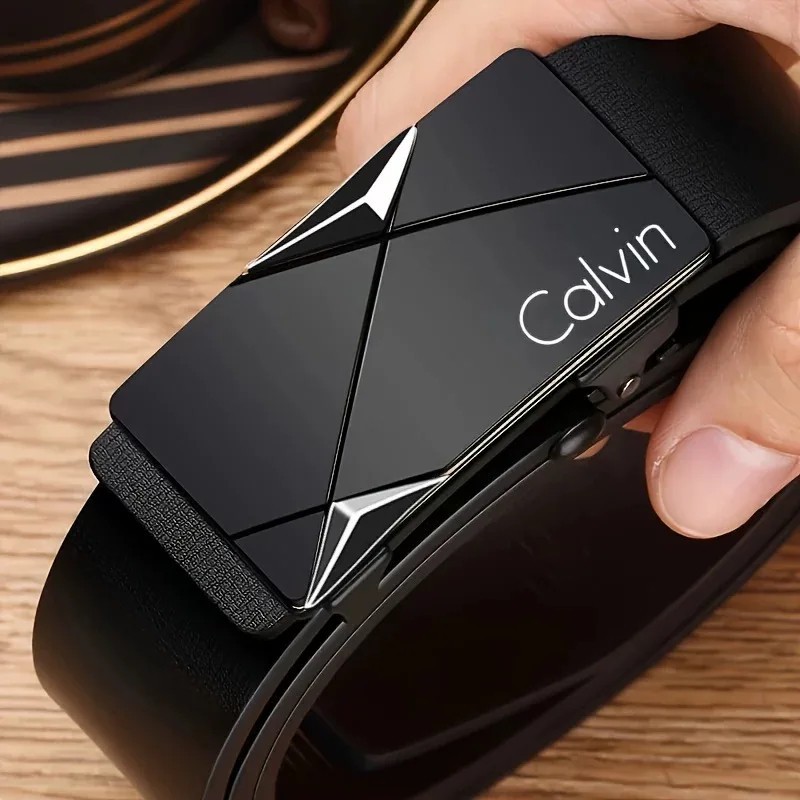 Men’s Automatic Buckle Belt Luxury Black Leather Ratchet Waist Belt Gift gallery