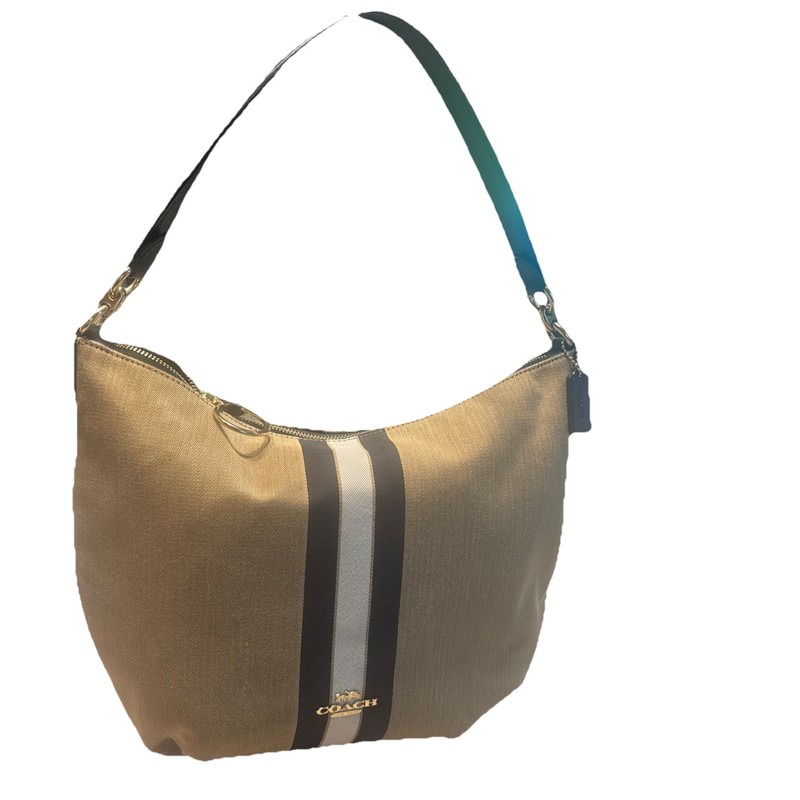 Coach Skylar Hobo W/ Varsity Stripe Beige Black Gold Hardware Shoulder Bag Logo