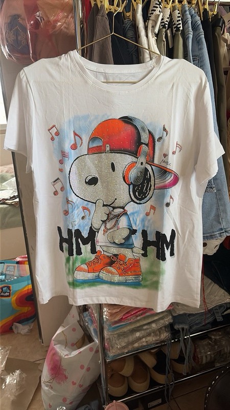 White Snoopy Peanuts Rhinestone Graphic Cotton Crew Neck T-Shirt S/M