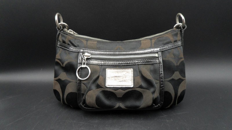 Coach Purse Poppy Shoulder Black Signature Monogram Fabric Handbag Hobo 14562