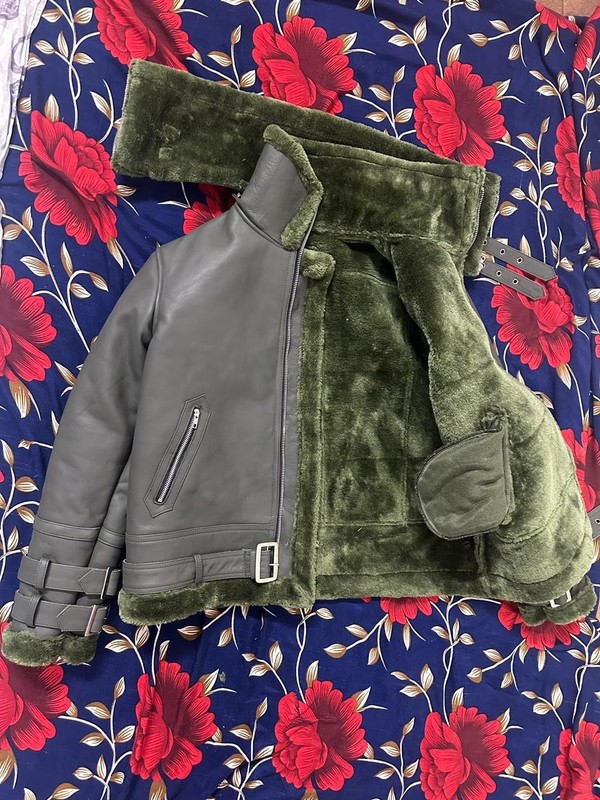 Men's Gray Leather Bomber Flight Jacket Faux Fur Collar Full Zip Handmade Coat gallery