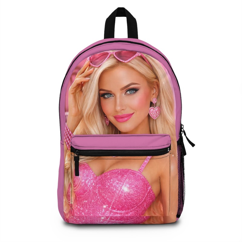 Pink Glam Portrait Backpack | Sparkle Heart Earrings, Blonde Doll Art
