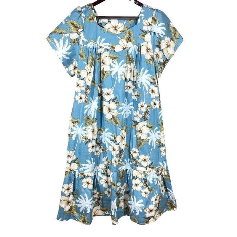 Ali’i Fashions Hawaii Ruffle Dress Sz L Blue 100% Cotton Tropical Hibiscus Midi