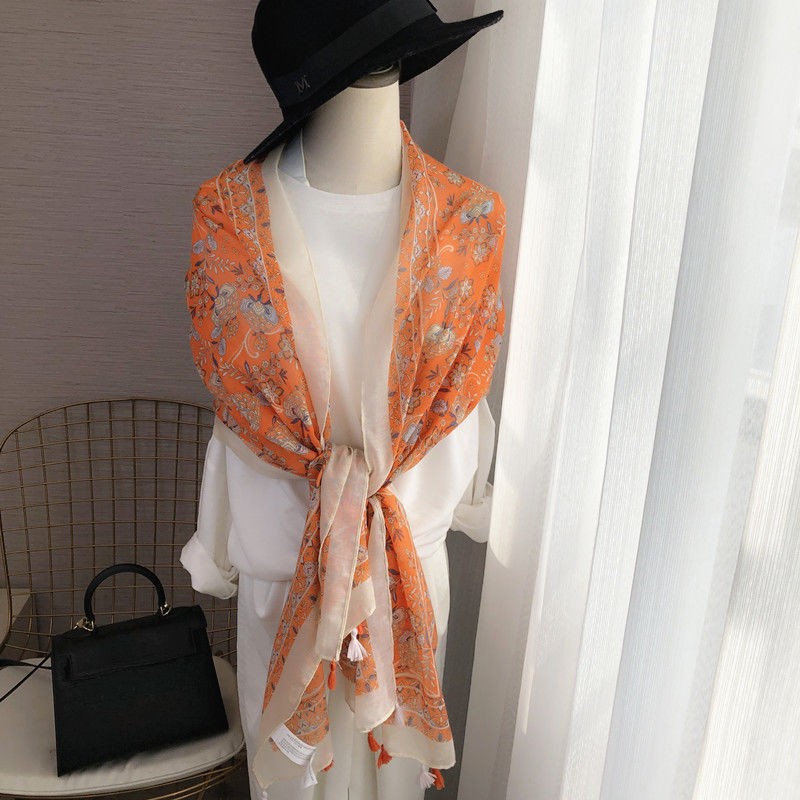 Orange Floral Cotton Linen Scarf for Women Lightweight Tassel Shawl Spring Fall gallery