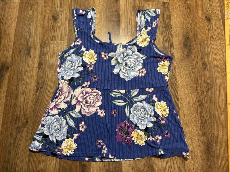 Candies Tank Top, Women's Size Large, Blue Yellow Purple White, Floral, Ribbed gallery