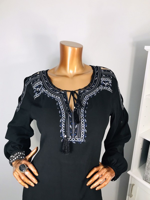 WHBM 14 or L Top Black Blouse Lined Tunic Open Cold Shoulder Tassel Ties Keyhole gallery