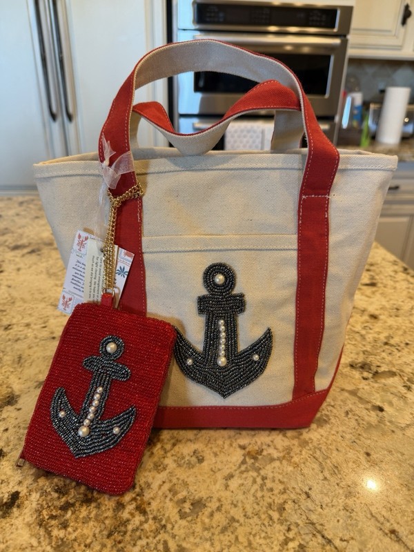 Handcrafted in India Beaded Anchor Tote Bag w/ Matching Beaded Zip Pouch