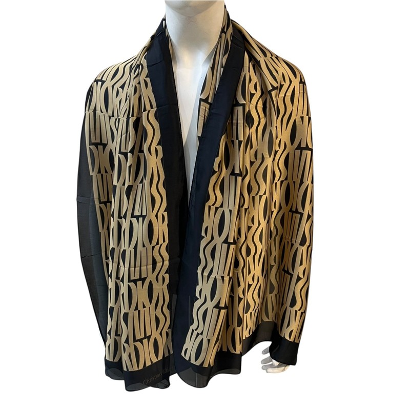 Christian Dior Logo Print Silk Shawl Scarf Black Border Italy Authentic Vintage