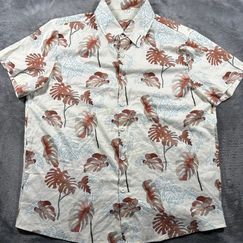 Hawaiian Shirt Mens Large White Tropical Palm Leaf Casual Beach Surf Button Up