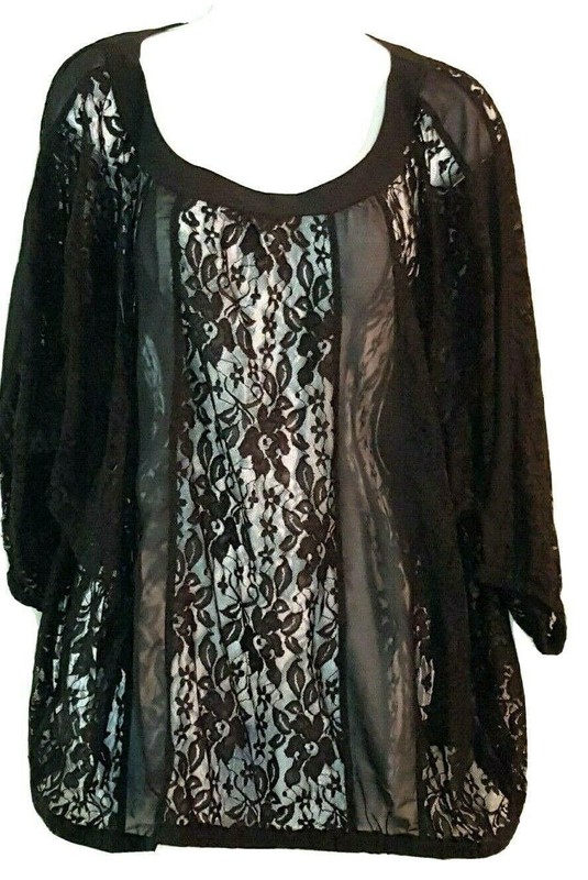 LANE BRYANT Top Plus Size 22/24 Sheer Black Lace Short Sleeve Blouse