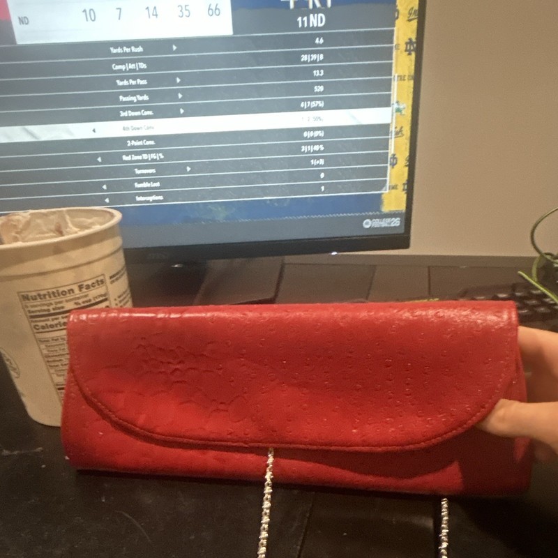 Jessica McClintock Red Animal Print Clutch Snap Lined Silver Chain Strap