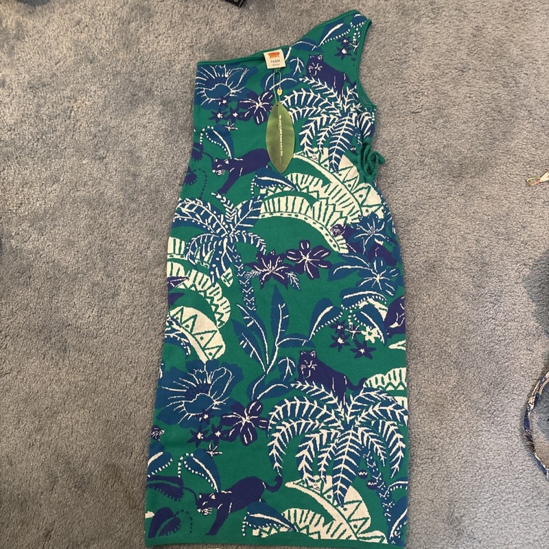 Farm Rio Tropical Panther Print One Shoulder Midi Dress with Cutout | Size M