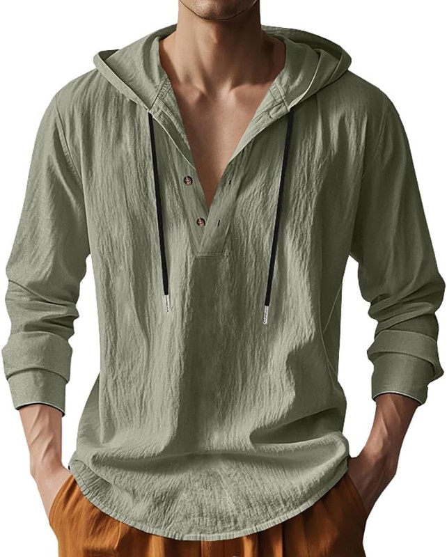 Men Cotton Linen Hoodie Shirt Long Sleeve Button Down Casual Hawaiian Beach Yoga gallery