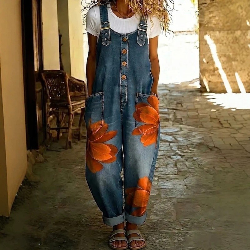 NEW Womens Denim-Style Jumpsuit With Floral Print gallery
