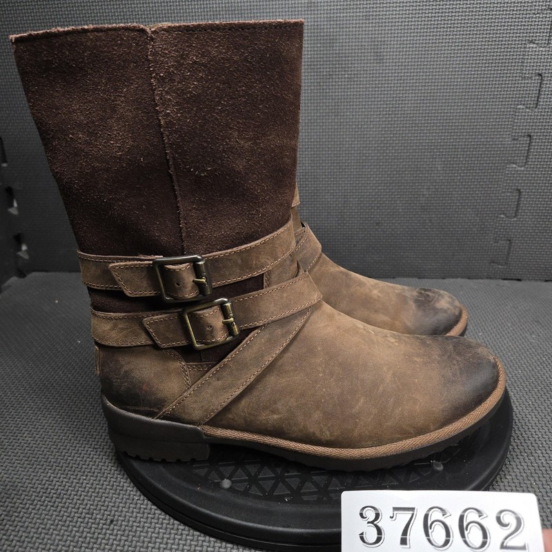 UGG Boots Womens Size 8 Brown Leather Shearling Mid Calf Zip Buckle Winter