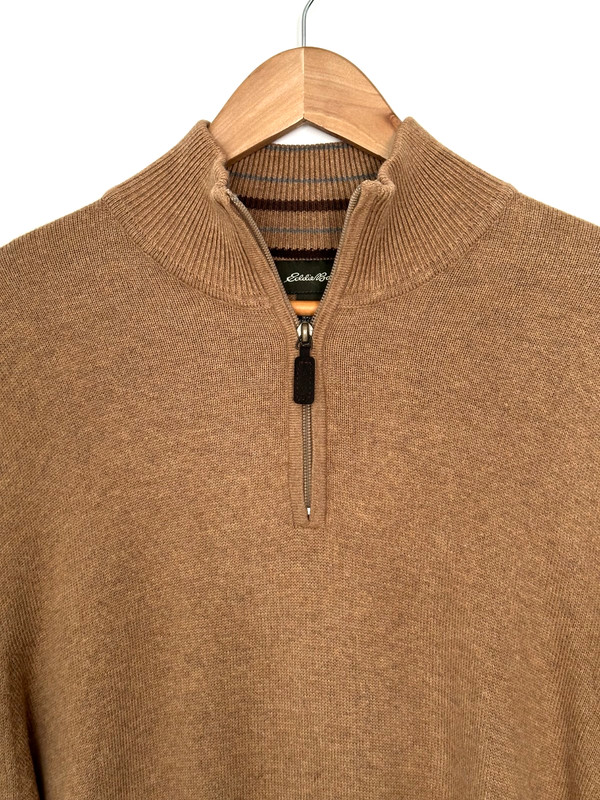 Eddie Bauer Mens Large Cotton Cashmere Quarter Zip Sweater Camel Brown gallery