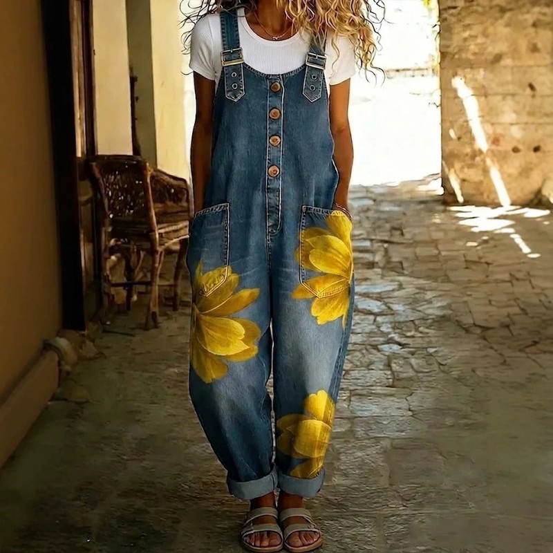 NEW Womens Denim-Style Jumpsuit With Floral Print gallery
