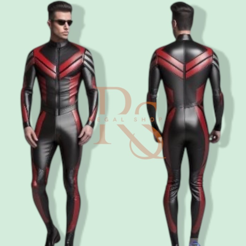 Men’s Black & Red Leather Catsuit Genuine Lambskin Biker Jumpsuit Slim Fit Suit