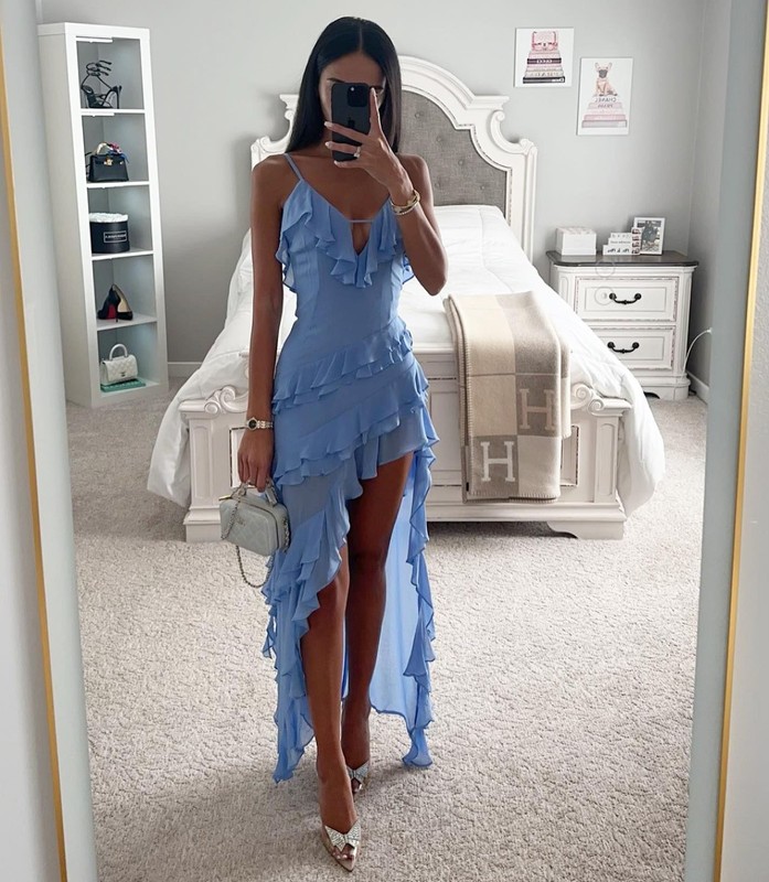 Spaghetti Strap Ruffle Tiered Asymmetric Hem Maxi Dress Women gallery