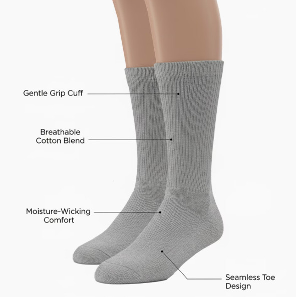 Genuine Comfello Men’s Crew (Mid-Calf) Diabetic Socks *Fits Size 8,9,10,11 Gray
