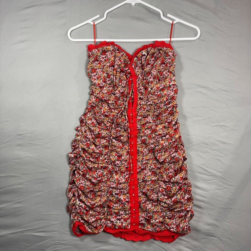 Sky to Moon Red Floral Ruched Mini Dress Corset Eyelet Lace S Cottagecore Boho