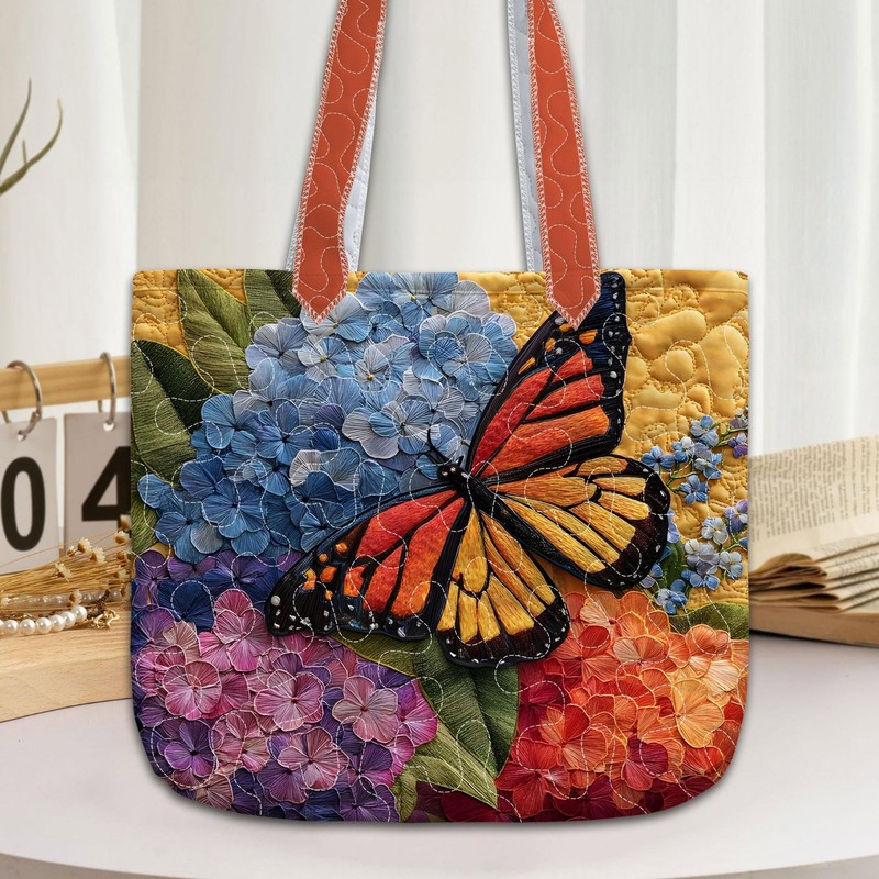 Quilted Hydrangea Butterfly Tote Bag, Colorful Floral Shoulder Bag for Women