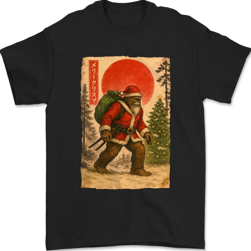 Santa Bigfoot Christmas Tree Xmas Lights Japanese Art Funny T-Shirt