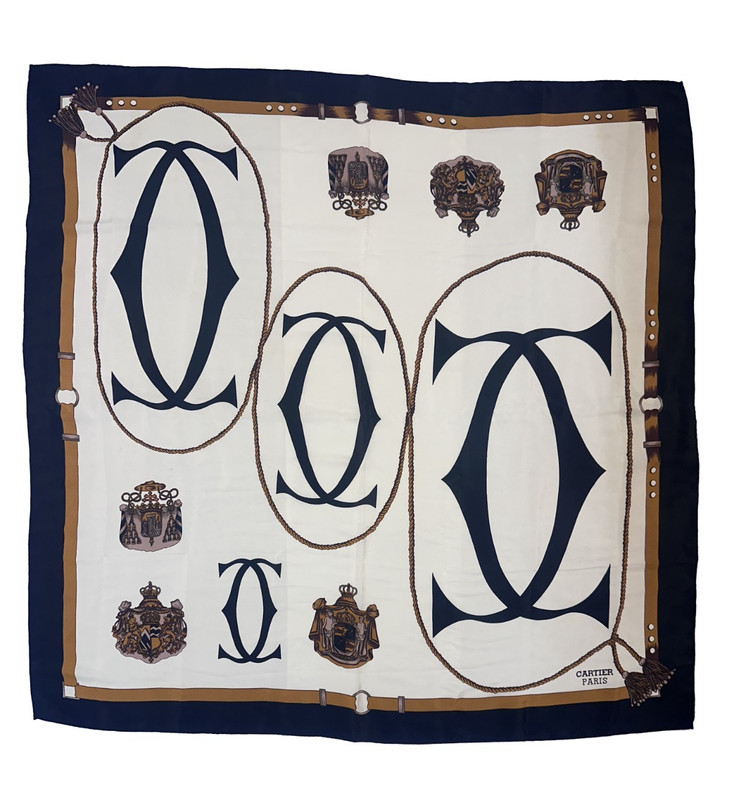 Cartier Vintage 1980s Black Square Scarf – Monogram Logo Print- 100% Silk