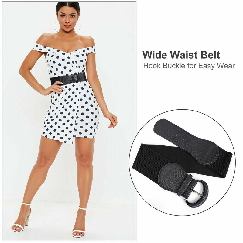 Womens Belt Wide Buckle Elastic Stretch Women Faux Leather Skinny Waist Dress US gallery