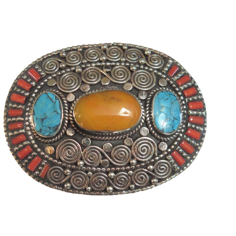 Oval Belt Buckle – Inlaid Amber, Turquoise & Coral Stones in Tibetan Silver