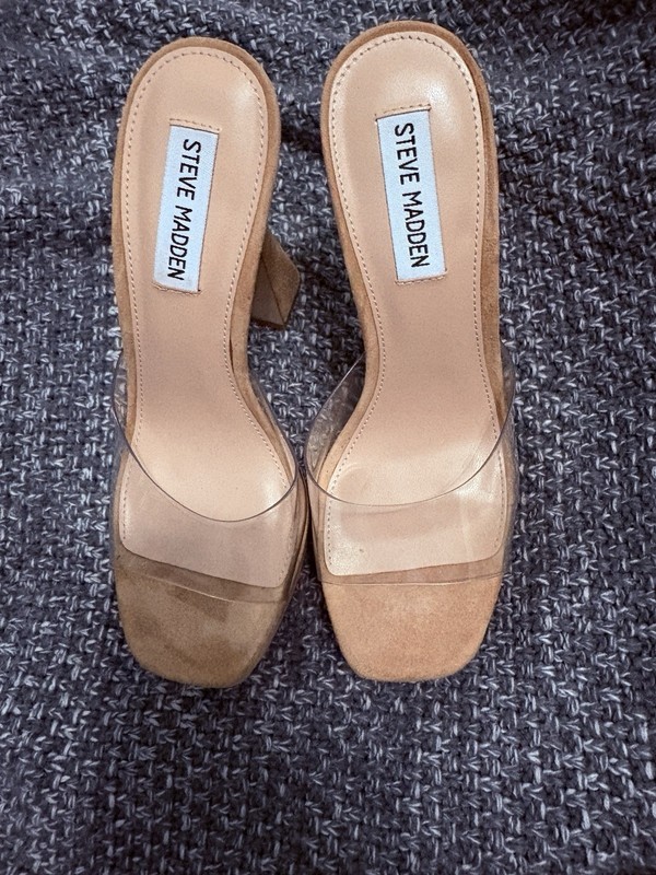 Steve Madden Women’s Beige Clear Strap Block Heel Strappy Square Toe Shoes 7.5
