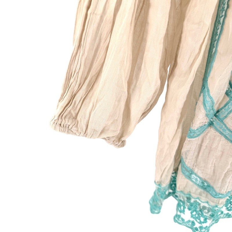 Antica Sartoria Beige Teal 100% Cotton Embroidered Lace Tunic Top gallery