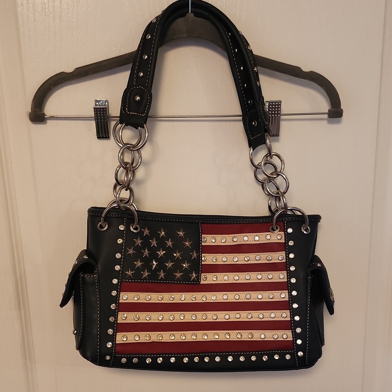 Montana West American Flag Studded Rhinestone Shoulder Bag Zip, Detachable Strap
