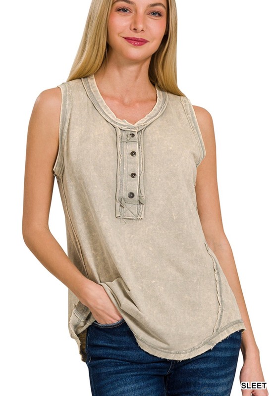 ZENANA 5251 Color Washed Henley Tank top Tunic 100% CottonRaw Edge Exposed Seam gallery