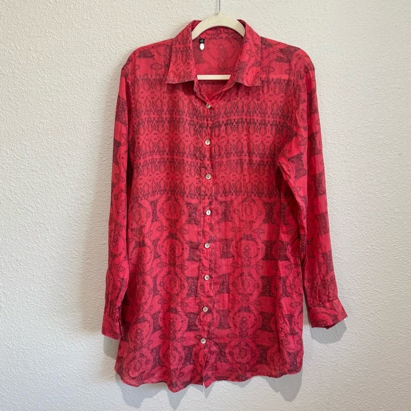 Made with Love Womens Large Button Up Pink Red 100% Linen Tunic Boho Print